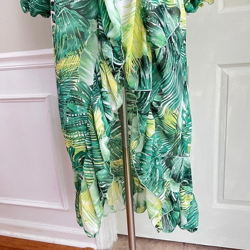 Unbranded Kimono Duster OS Womens Tropical Monstera Leaf Ruffle Green Vacation